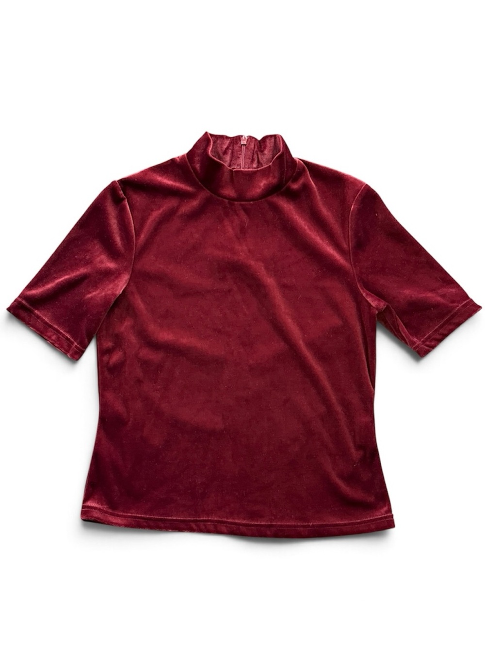Vintage Japanese Suzuya Velour Mock Neck Short Sleeve Top - Burgundy